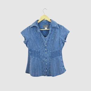 Inca Cotton Small Fitted Top Blue Embroidered Button Up Peru Womens